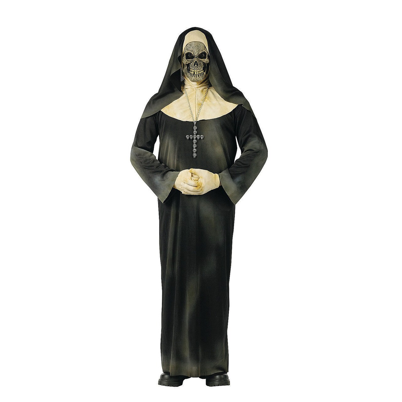 Sinister Sister Costume Stained Nun Gown Gloves Skull Cross Necklace Mask